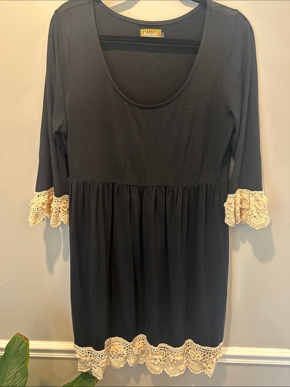 Black Long Sleeve Dress with Cream Crochet Trim